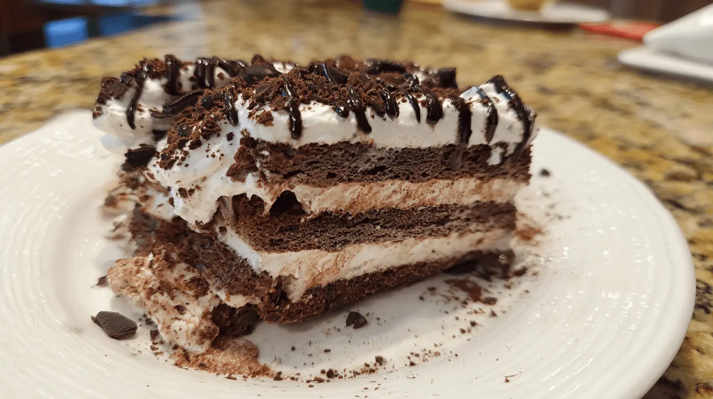 Decadent layered chocolate icebox cake slice with whipped cream and chocolate shavings on a white plate.