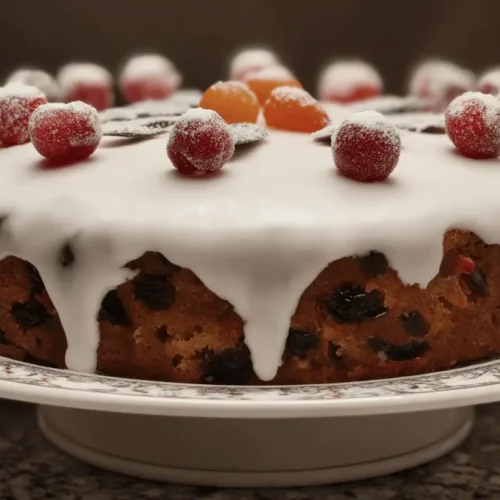 A beautifully decorated christmas cake on a white stand, adorned with festive icing, sugared berries, and green leaves.