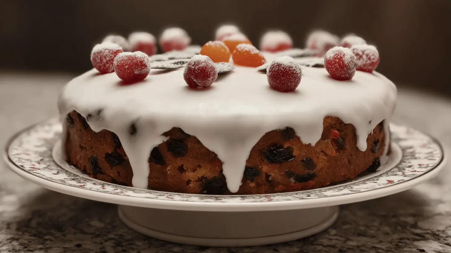 A beautifully decorated christmas cake on a white stand, adorned with festive icing, sugared berries, and green leaves.