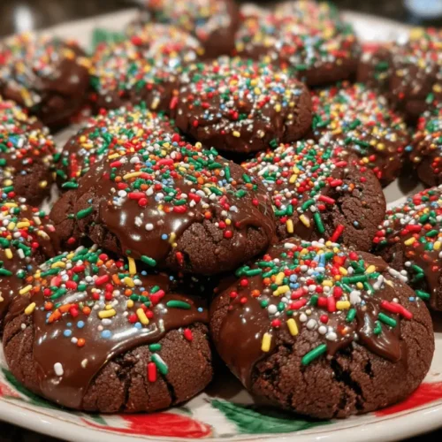 A close-up of a platter overflowing with homemade chocolate christmas cookies, topped with glossy chocolate glaze and festive red, green, and multi-colored sprinkles.
