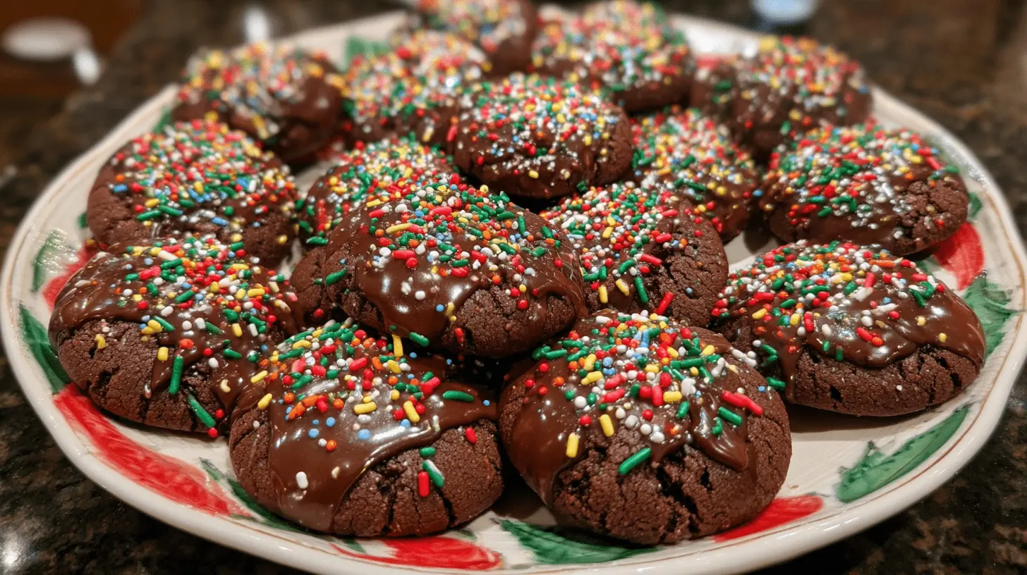 A close-up of a platter overflowing with homemade chocolate christmas cookies, topped with glossy chocolate glaze and festive red, green, and multi-colored sprinkles.