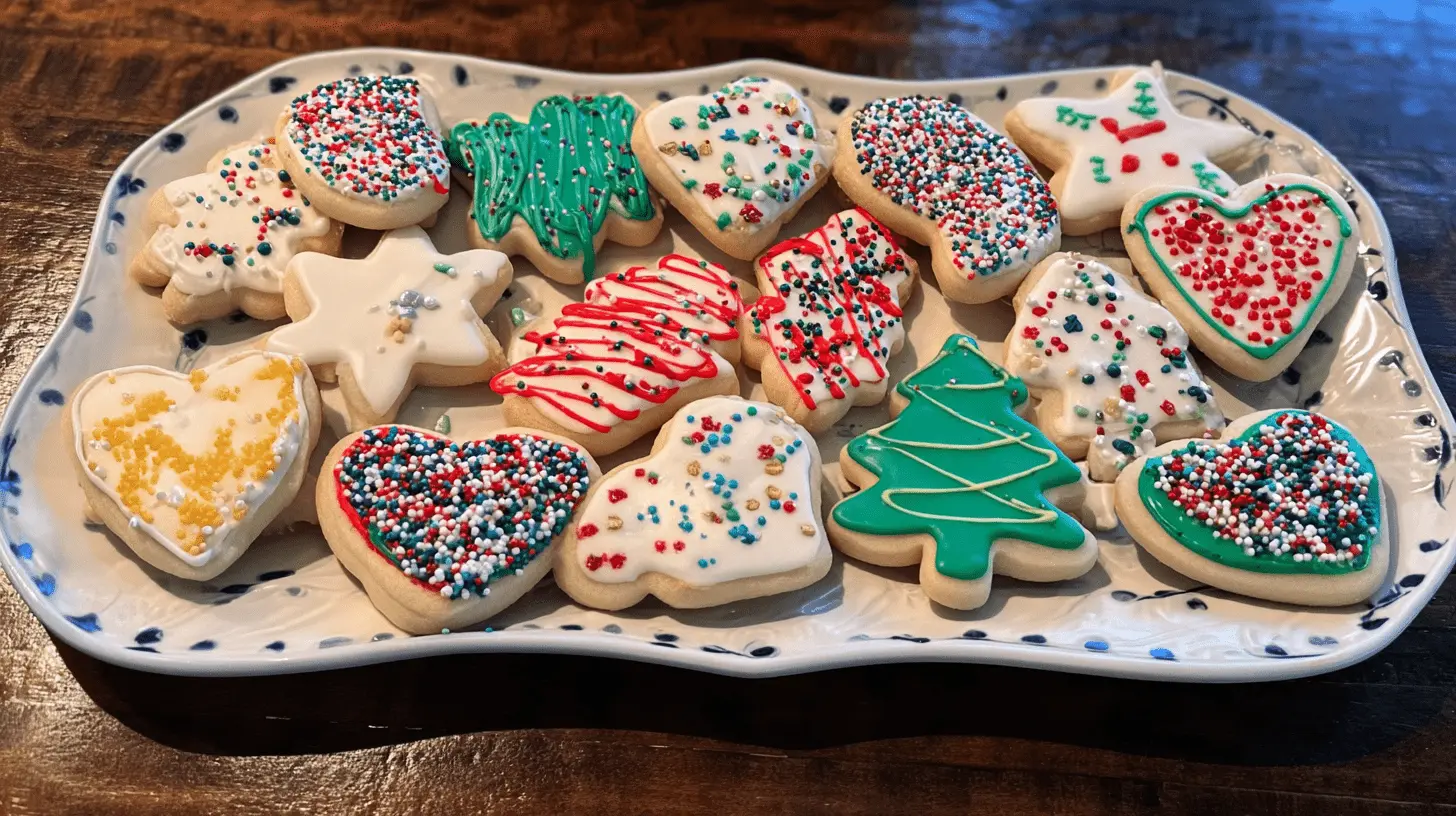 An elegant oblong platter holds a delightful assortment of homemade Christmas cookies, decorated with festive royal icing and colorful sprinkles.