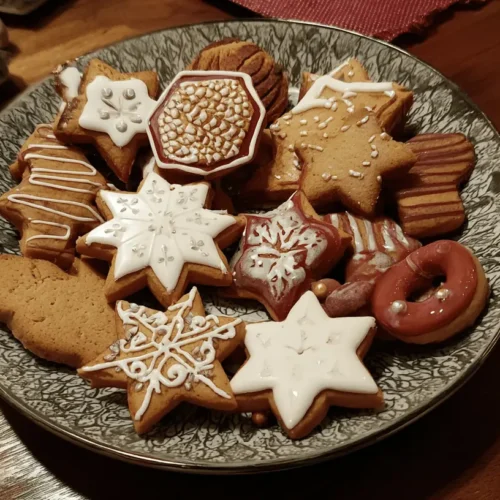 Festive plate filled with beautifully decorated german christmas cookies, including star and gingerbread shapes, on a wooden table.