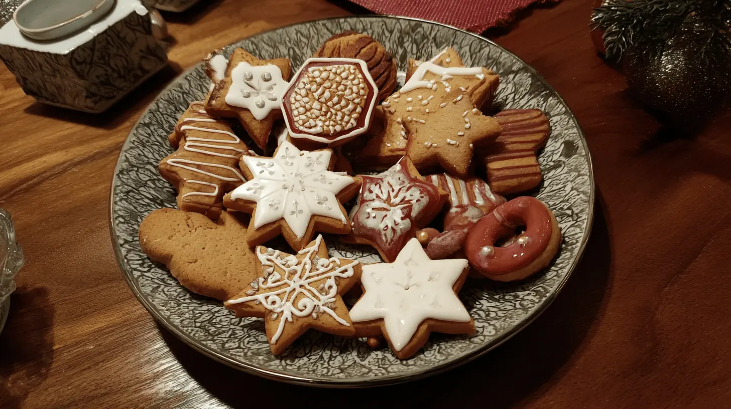 Festive plate filled with beautifully decorated german christmas cookies, including star and gingerbread shapes, on a wooden table.