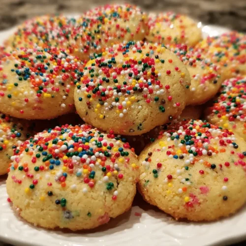 A vibrant pile of freshly baked gluten free Christmas cookies generously covered in colorful sprinkles on a white plate.