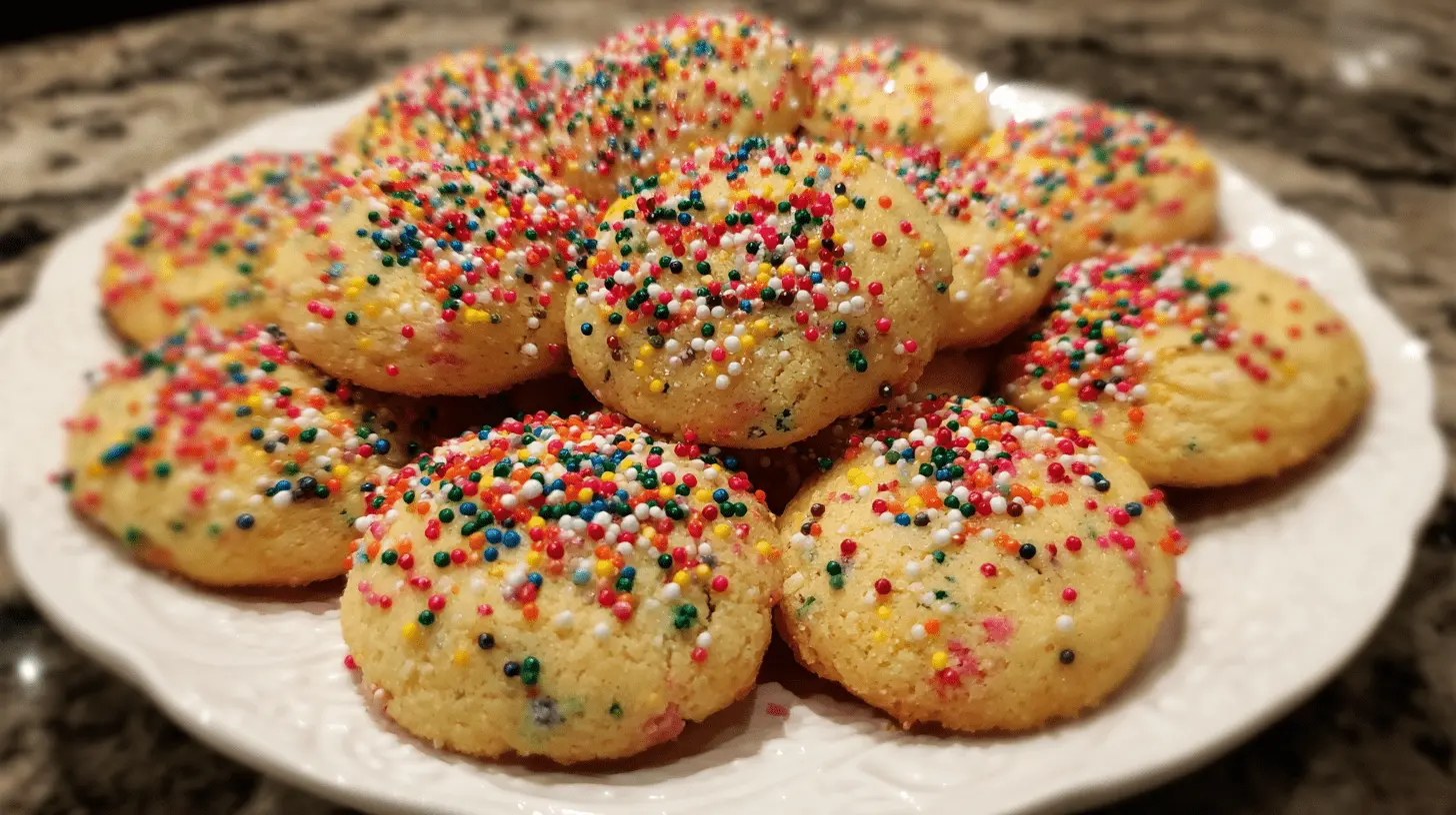 A vibrant pile of freshly baked gluten free Christmas cookies generously covered in colorful sprinkles on a white plate.