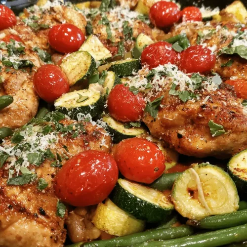Vibrant one-pan Italian chicken dish with seared chicken, roasted tomatoes, zucchini, and fresh herbs.