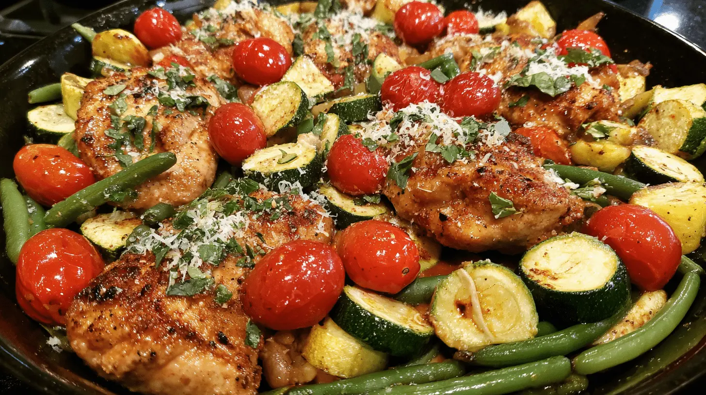 Vibrant one-pan Italian chicken dish with seared chicken, roasted tomatoes, zucchini, and fresh herbs.