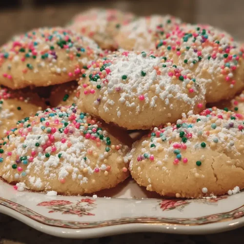 Close-up of festive Italian Christmas cookies, round and light-colored, adorned with colorful sprinkles and powdered sugar on an ornate plate.