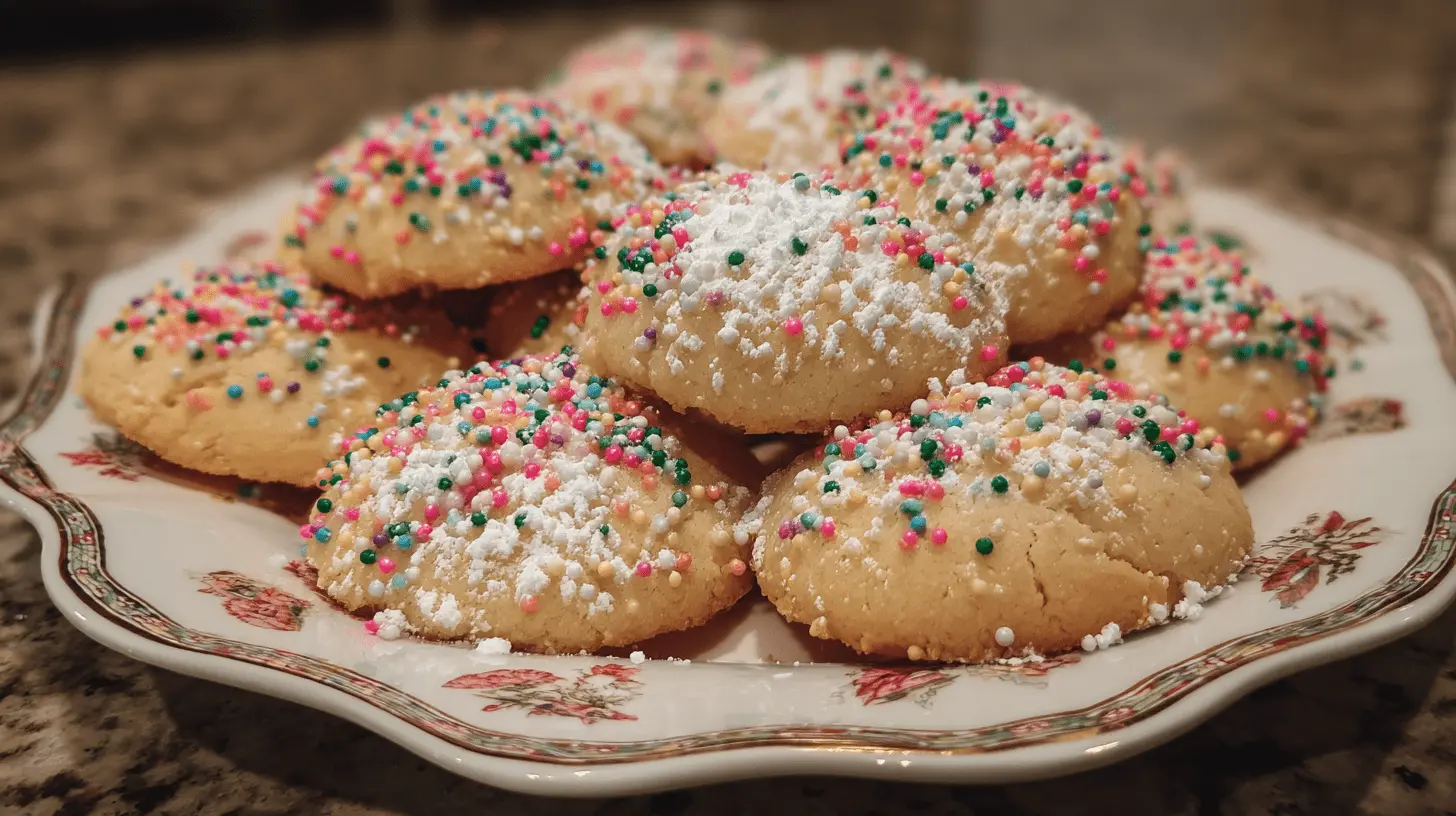 Close-up of festive Italian Christmas cookies, round and light-colored, adorned with colorful sprinkles and powdered sugar on an ornate plate.
