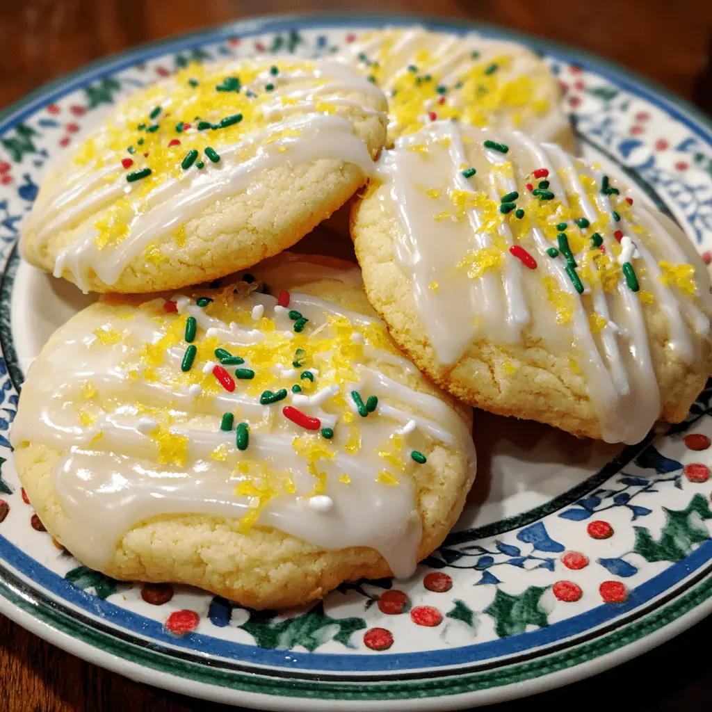 Close-up of four festive lemon Christmas cookies on a decorative plate, garnished with white glaze, lemon zest, and red and green sprinkles.