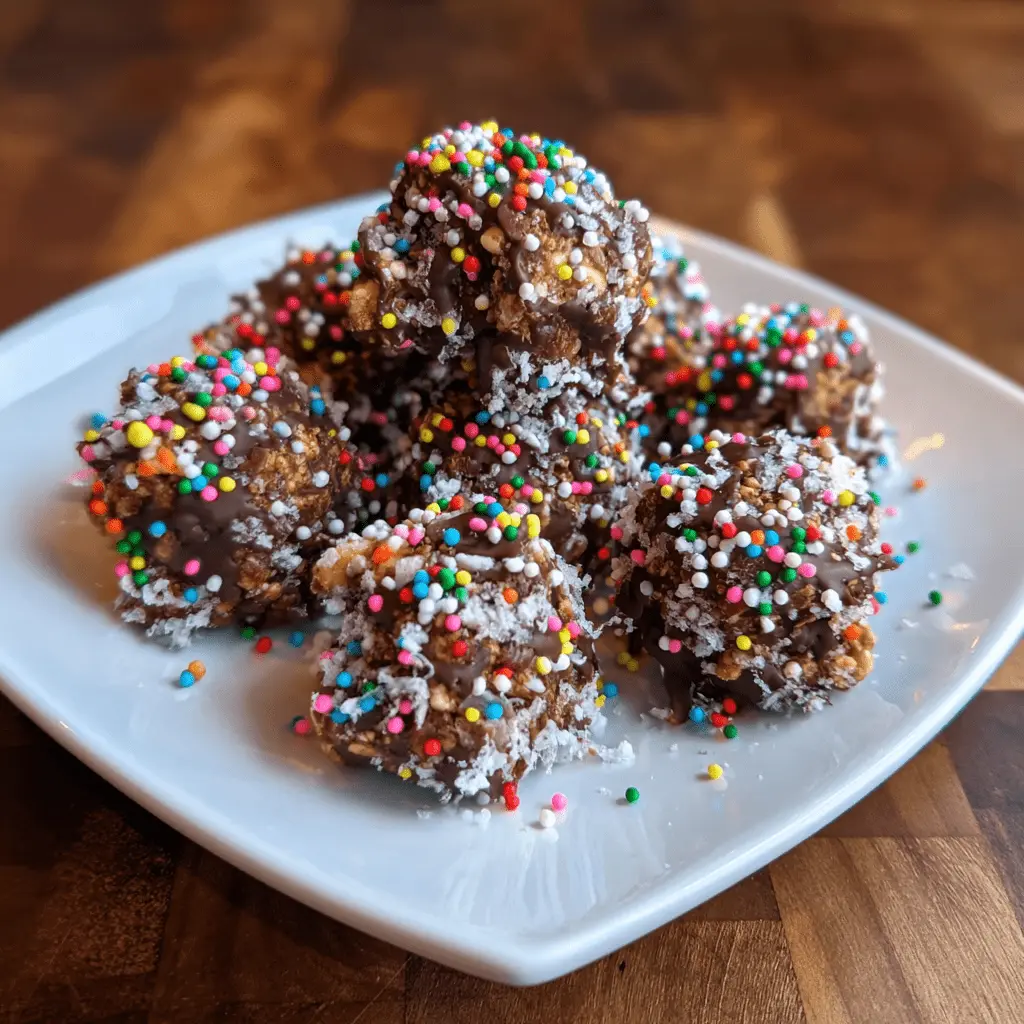 Delicious no bake Christmas cookies, chocolate-coated and adorned with festive sprinkles and coconut flakes, presented on a white plate.