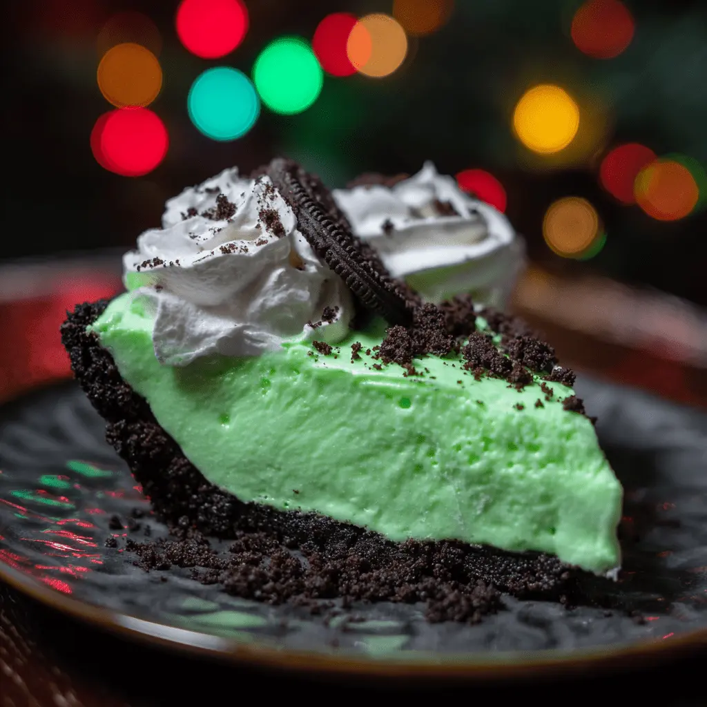A vibrant green no bake Christmas cheesecake slice with chocolate crumb crust, whipped cream, and an Oreo on a dark plate against a festive bokeh background.