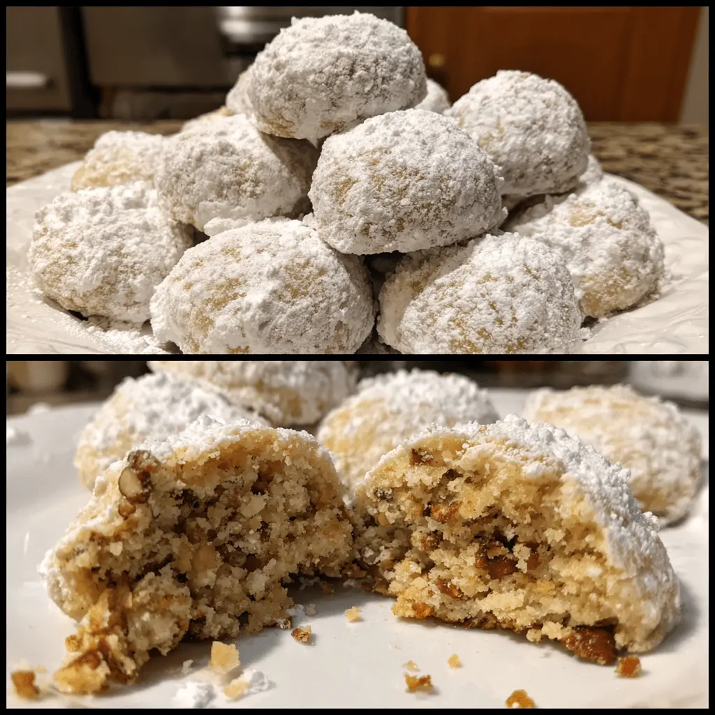 A two-part image featuring freshly baked snowballs cookies heavily dusted with powdered sugar, with a close-up revealing their nutty, crumbly interior.