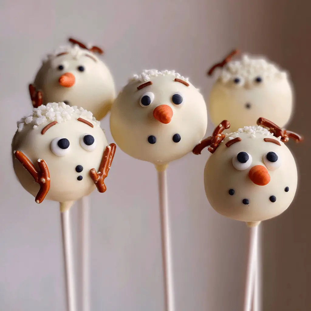 Five adorable, handcrafted snowman cake pops with unique expressions and pretzel arms, arranged to create a whimsical scene.