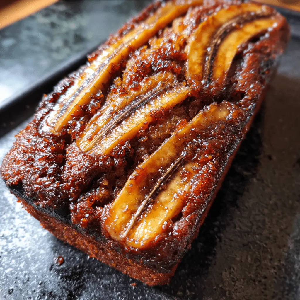 Freshly baked banana bread with caramelized banana slices, perfect with a spread of banana bread butter.