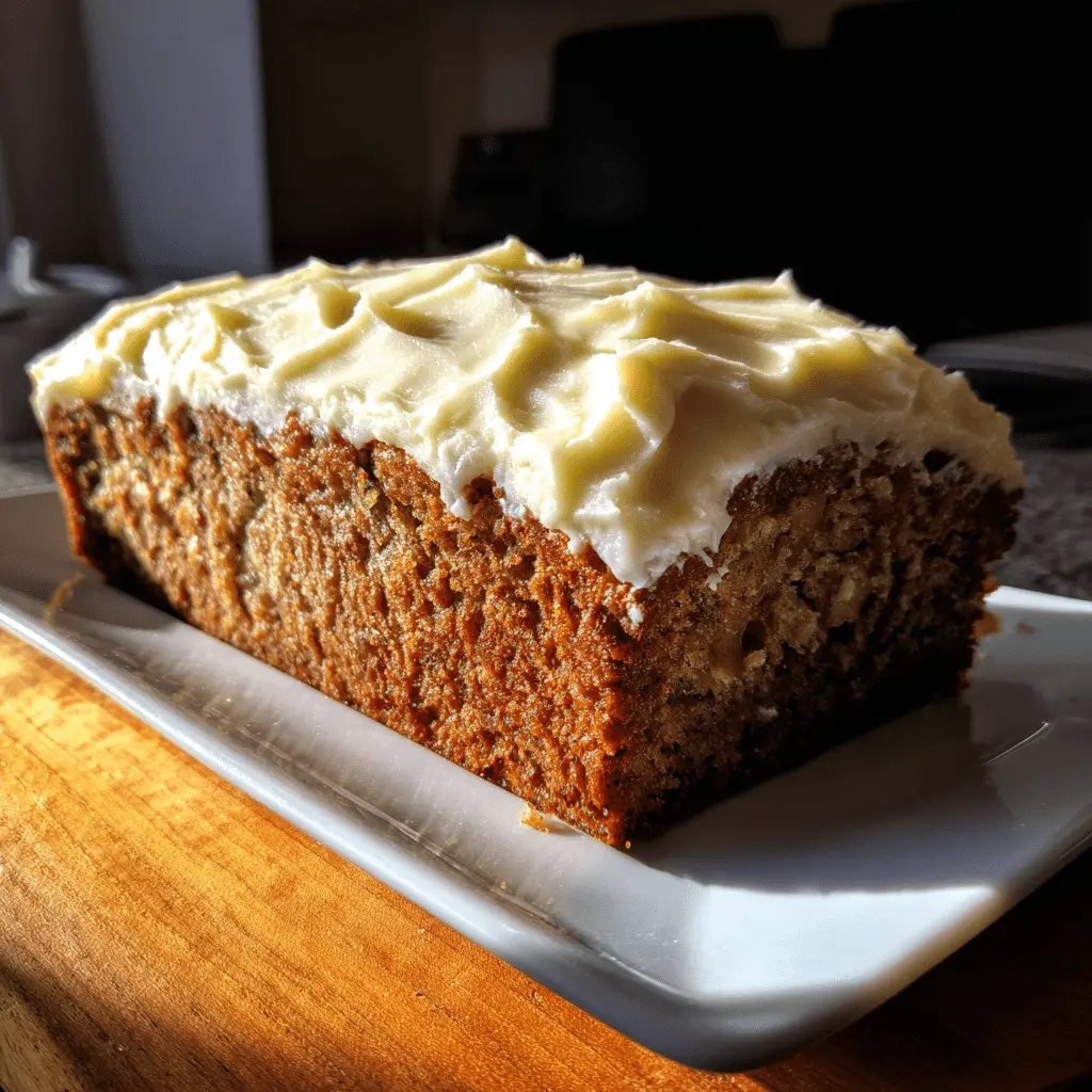 Homemade banana bread cake with thick cream cheese frosting on a white platter.