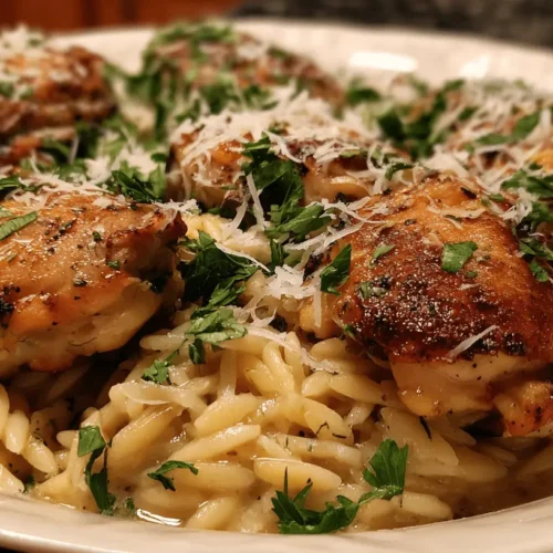 Close-up of gourmet orzo chicken dish with golden-brown chicken thighs, creamy orzo pasta, fresh herbs, and grated Parmesan cheese on a cream-colored plate.