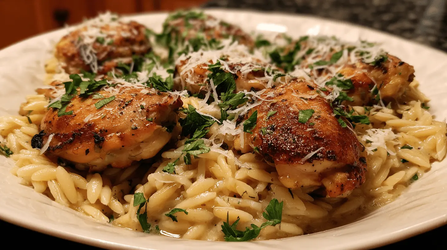 Close-up of gourmet orzo chicken dish with golden-brown chicken thighs, creamy orzo pasta, fresh herbs, and grated Parmesan cheese on a cream-colored plate.