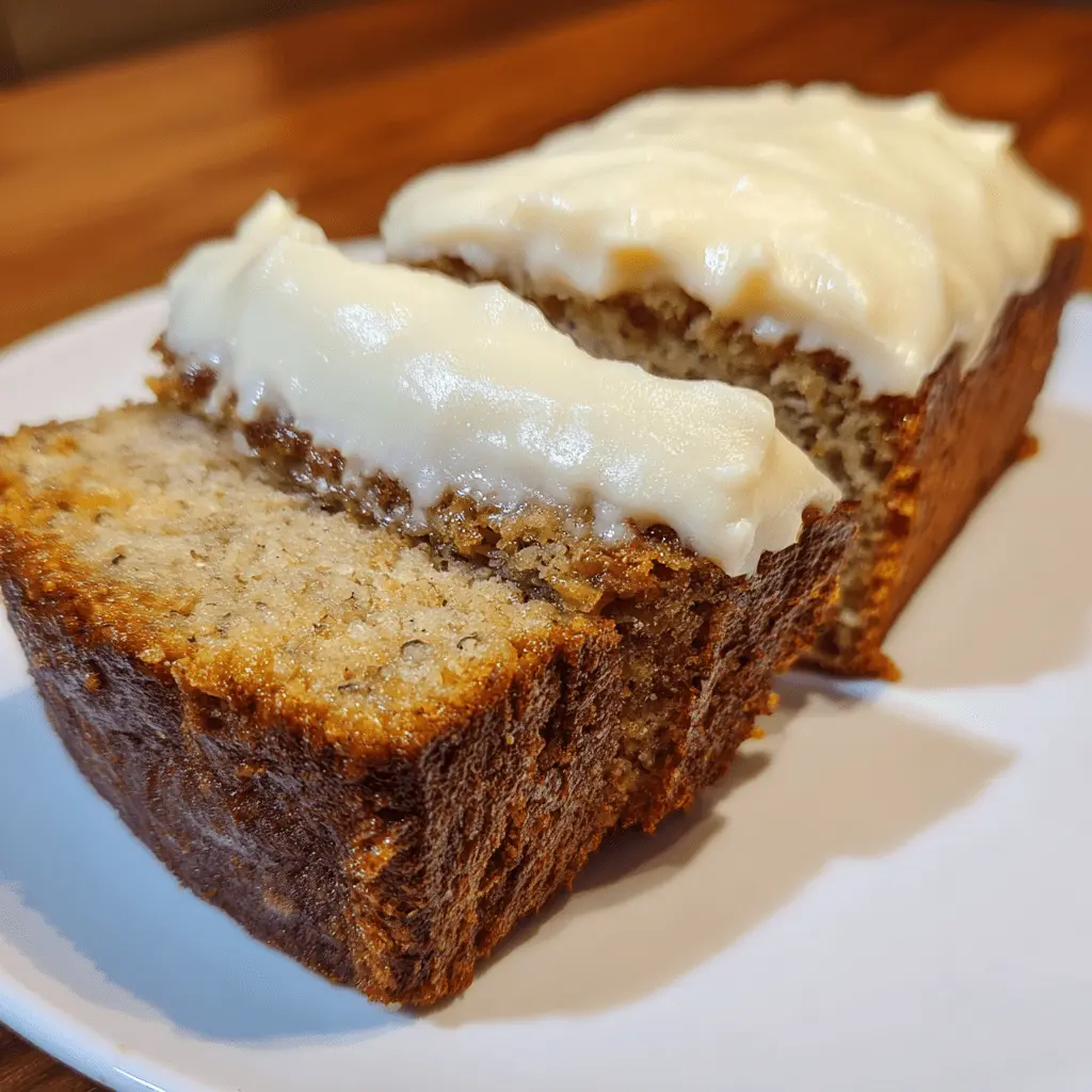 Close-up of two moist slices of banana bread cake with creamy frosting on a white plate.