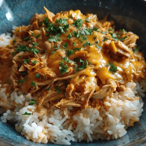 A close-up of a hearty bowl of Mexican chicken with rice, melted cheese, and fresh herbs in a rustic blue-green bowl.