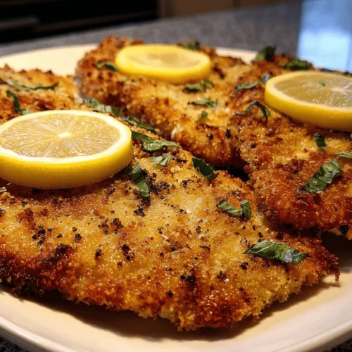 Close-up of five golden-brown breaded chicken cutlets garnished with lemon and fresh herbs on a plate.