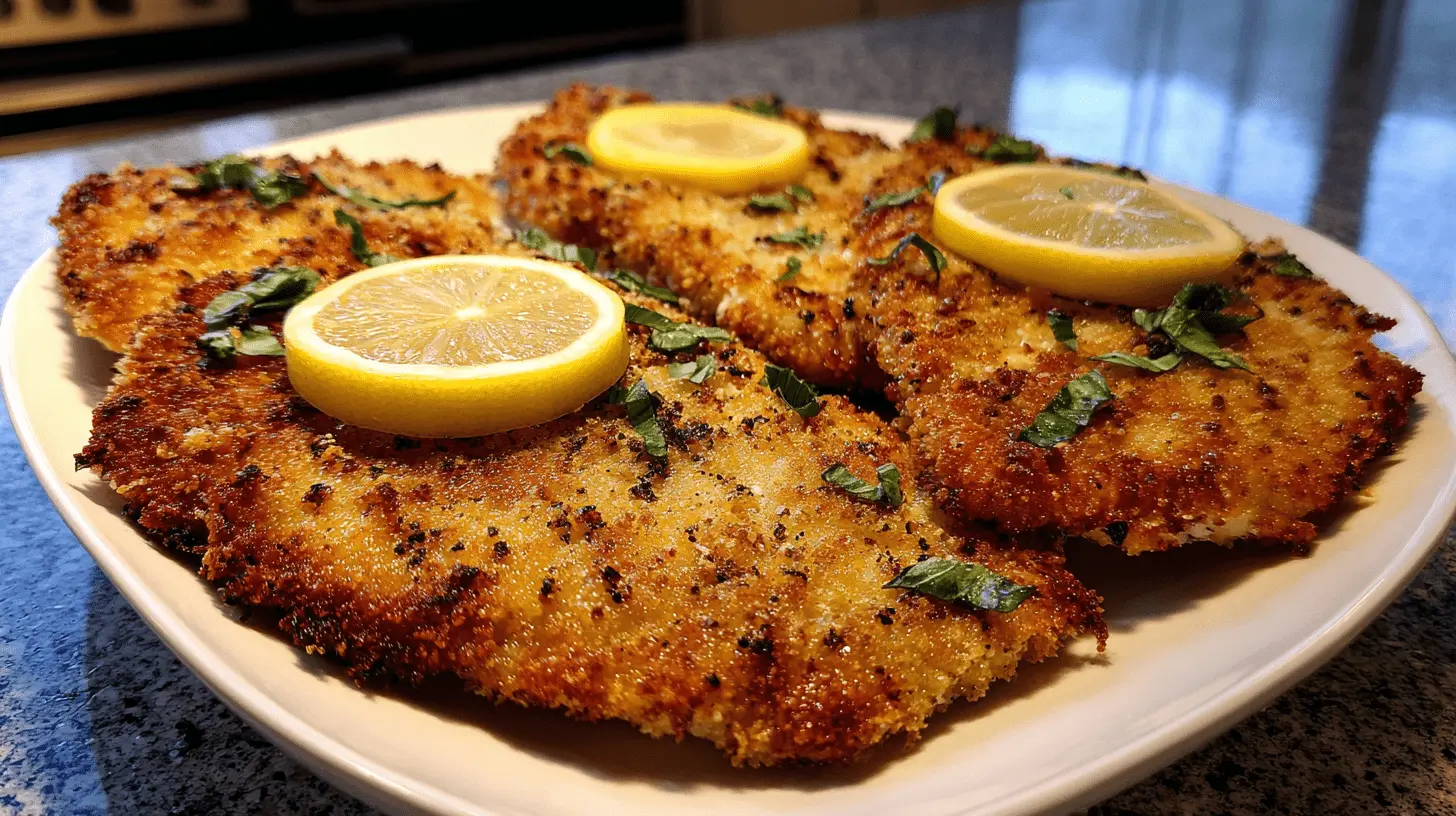 Close-up of five golden-brown breaded chicken cutlets garnished with lemon and fresh herbs on a plate.