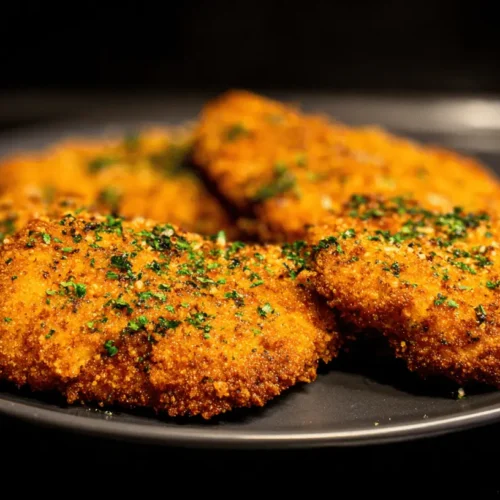 Close-up of golden-brown, crispy breaded chicken pieces garnished with fresh herbs on a dark plate.