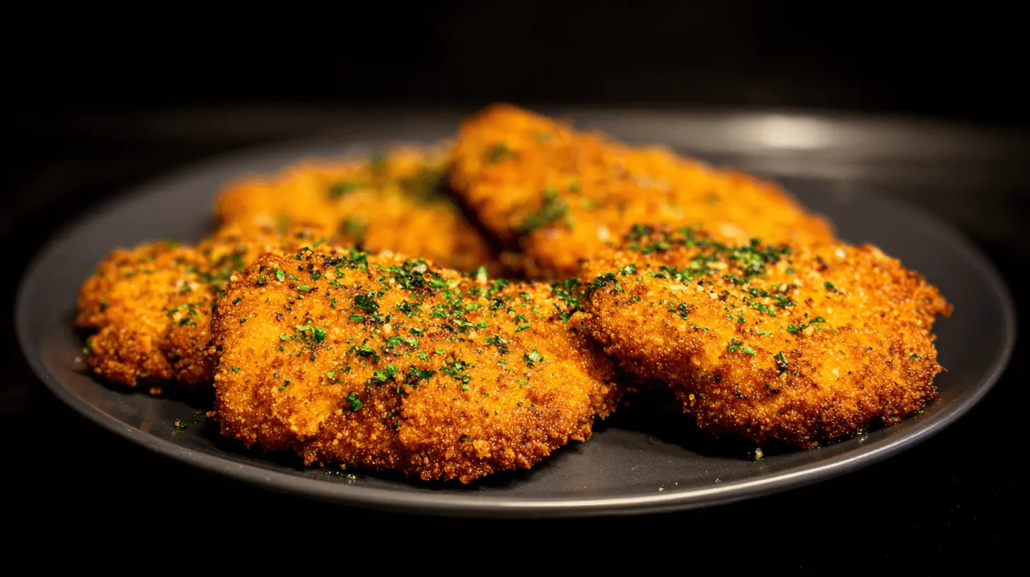 Close-up of golden-brown, crispy breaded chicken pieces garnished with fresh herbs on a dark plate.