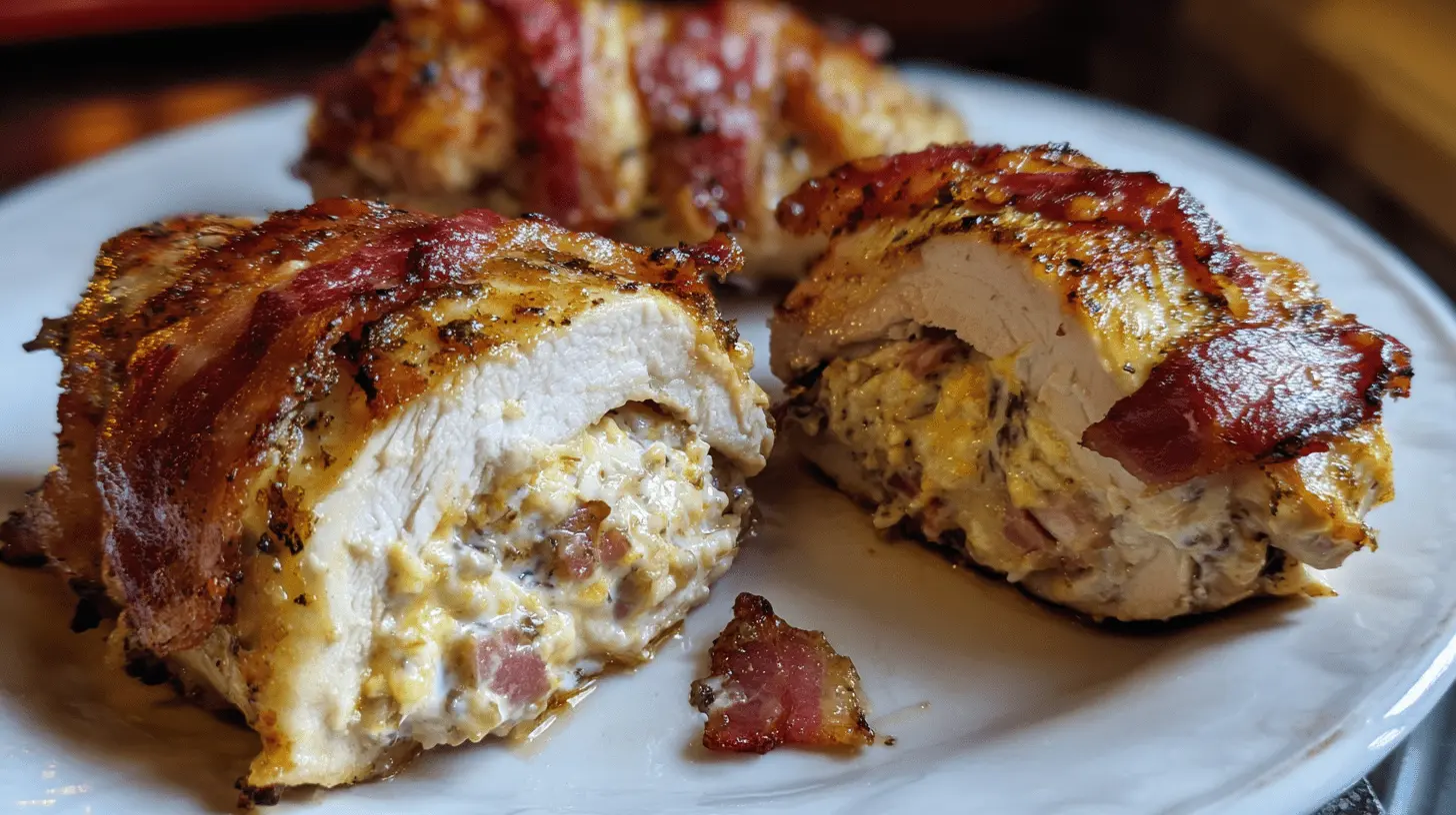 Close-up of three appetizing bacon-wrapped, stuffed low carb chicken breasts on a white plate, two cut open to show creamy, herb and bacon filling.
