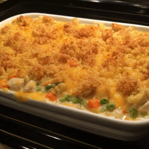 Freshly baked casserole with a golden crust, creamy sauce, and tender diced chicken, peas, and carrots.