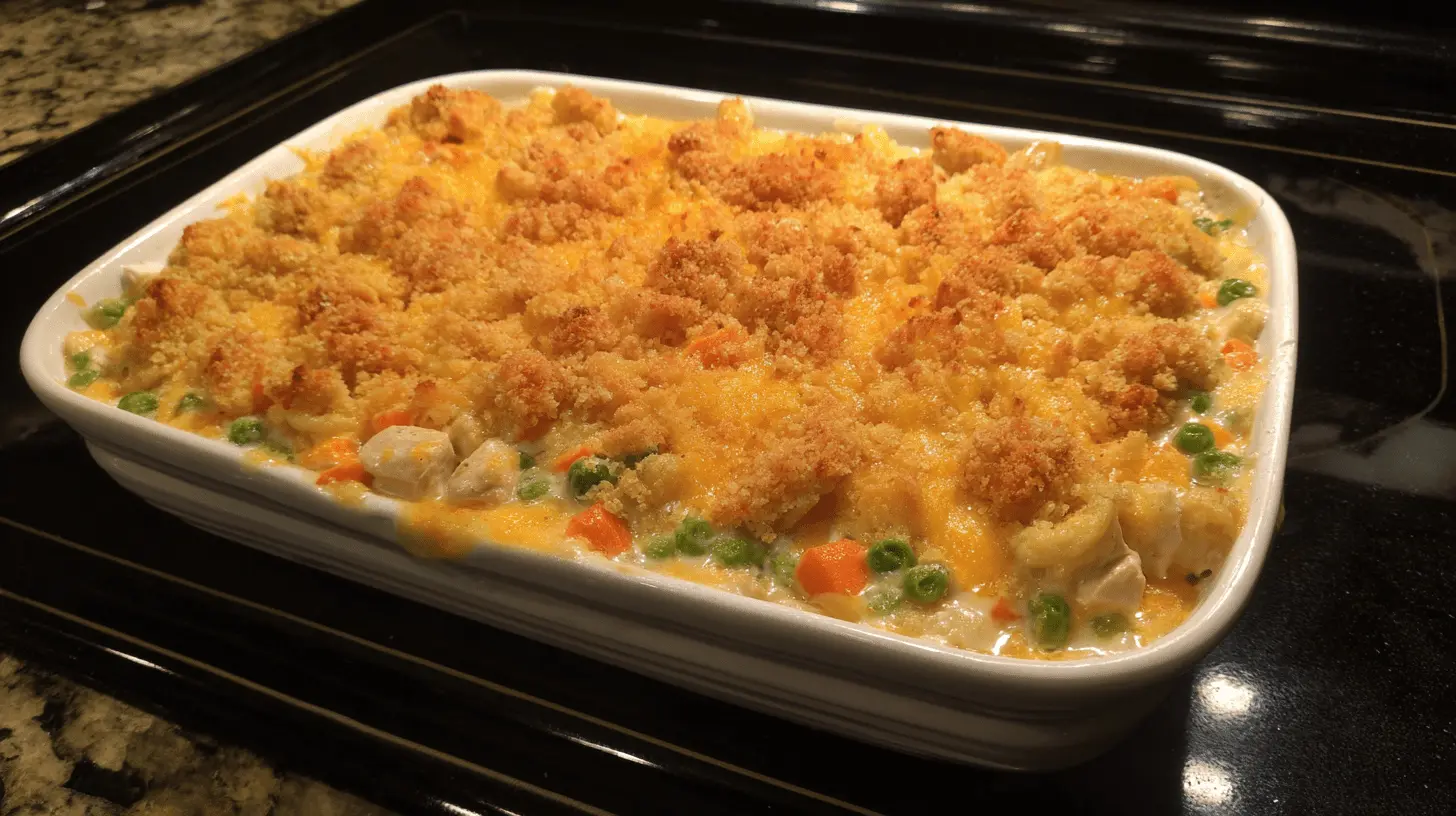 Freshly baked casserole with a golden crust, creamy sauce, and tender diced chicken, peas, and carrots.