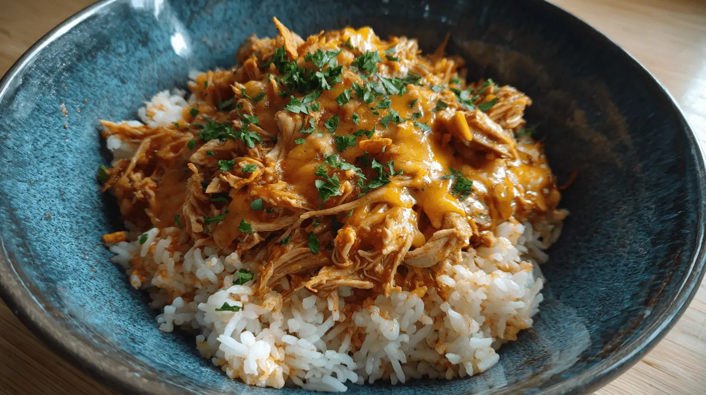 A close-up of a hearty bowl of Mexican chicken with rice, melted cheese, and fresh herbs in a rustic blue-green bowl.