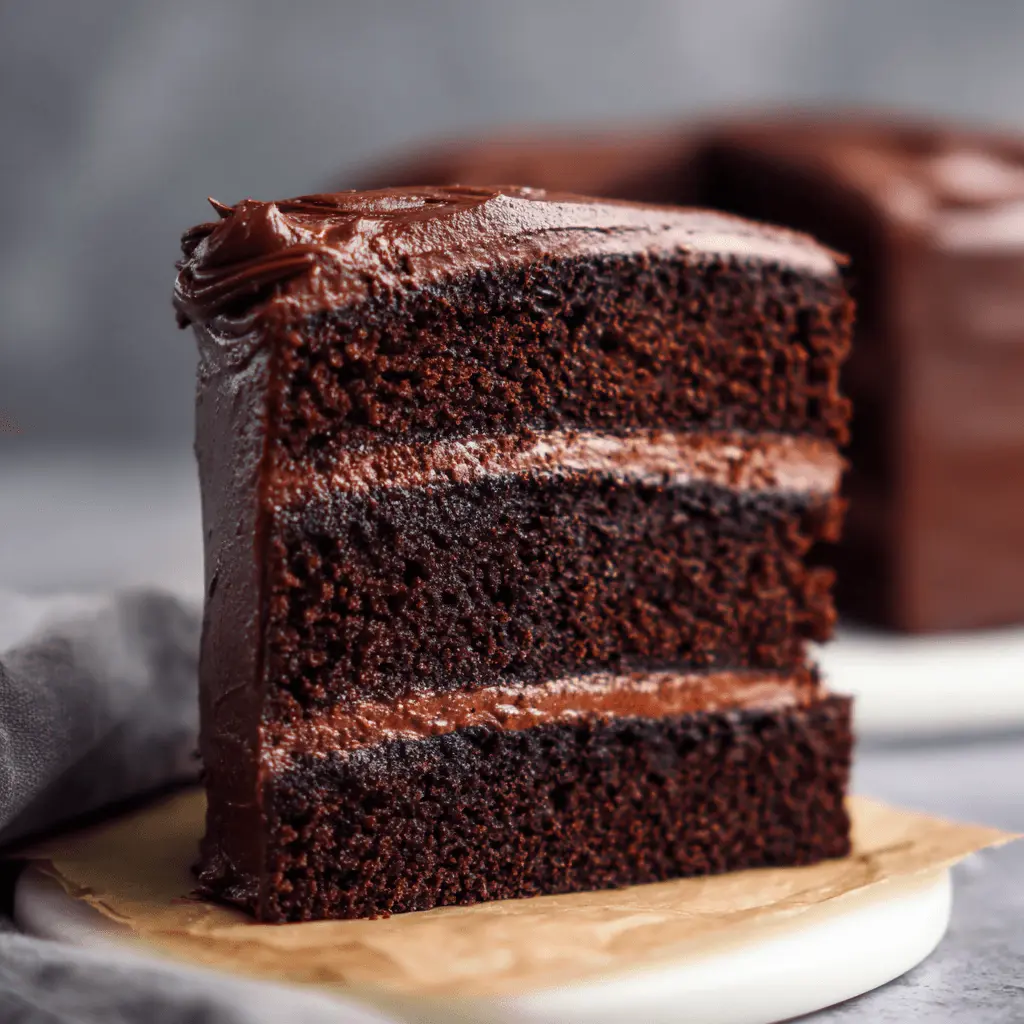 Delicious slice of homemade chocolate cake, featuring rich layers and creamy frosting, ready to be enjoyed.