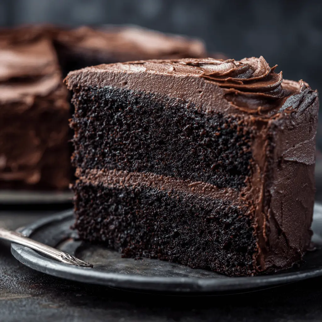 A decadent slice of dark chocolate cake, rich with two moist layers and creamy frosting, presented on a rustic dark plate.