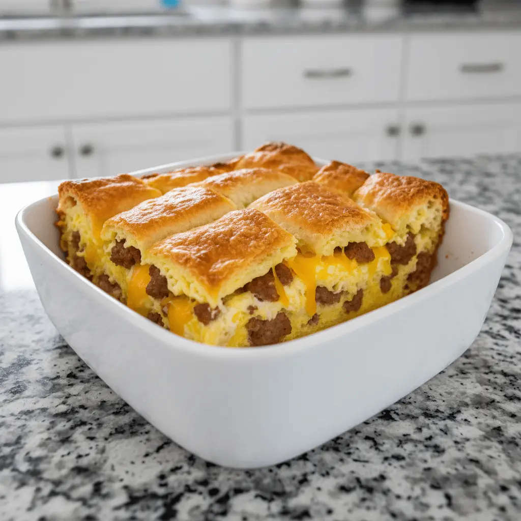 Golden-brown breakfast casserole with crescent rolls, eggs, sausage, and melted cheese in a white baking dish.