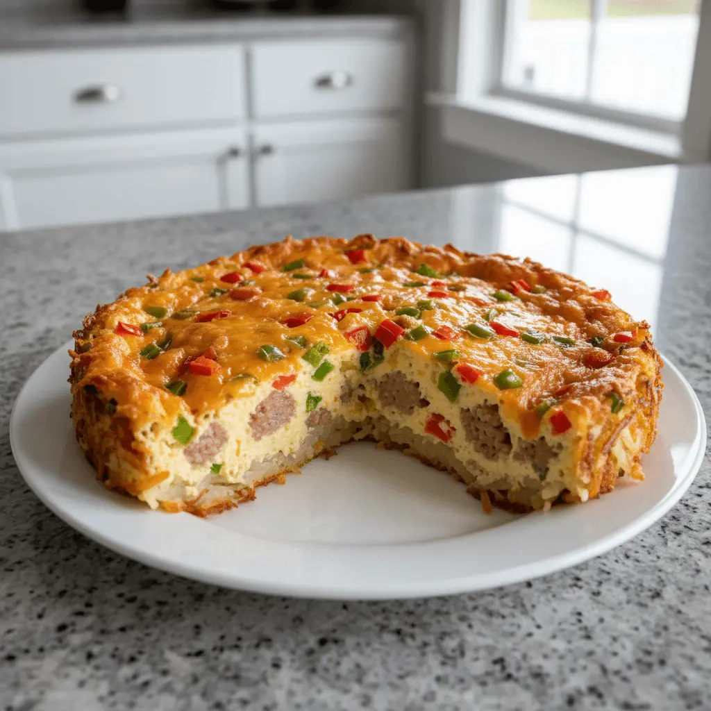 Delicious breakfast casserole with hashbrowns, melted cheese, sausage, and peppers on a white plate.
