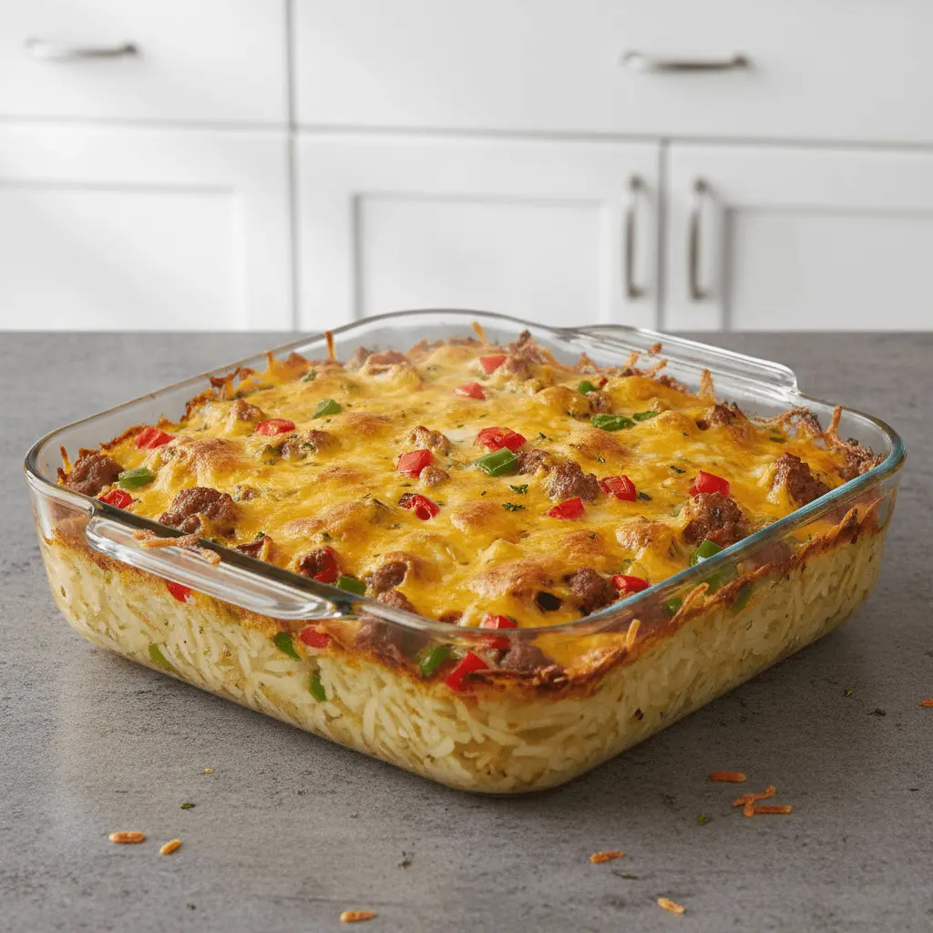 Hearty breakfast casserole with hashbrowns, melted cheese, sausage, and bell peppers, fresh out of the oven on a kitchen counter.