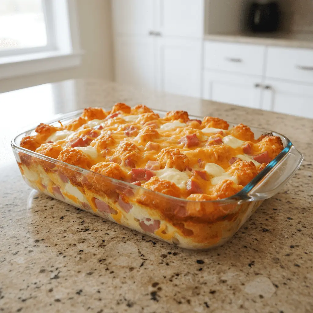 Deliciously golden-brown breakfast casserole with tater tots, ham, and melted cheese, fresh out of the oven.