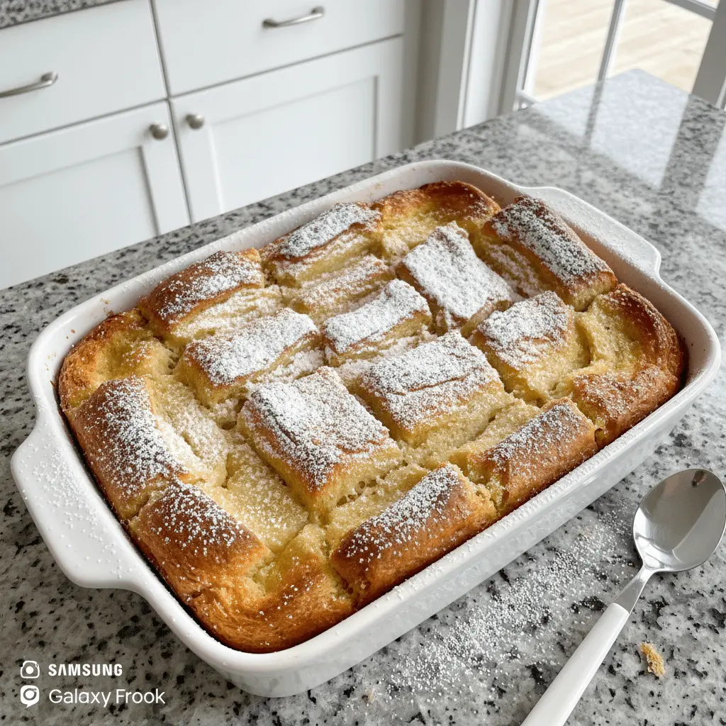 Golden-brown brioche french toast casserole dusted with powdered sugar, served in a white baking dish on a kitchen countertop.