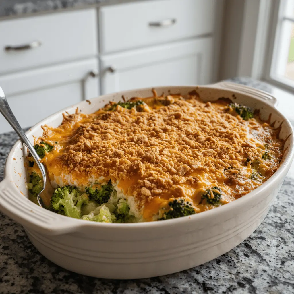 Delicious golden-brown broccoli casserole with melted cheese and a crispy topping, served in a ceramic dish on a kitchen counter.