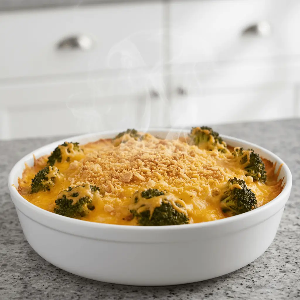 A close-up of a freshly baked, steaming broccoli cheddar casserole with melted cheese and a crunchy topping on a kitchen counter.