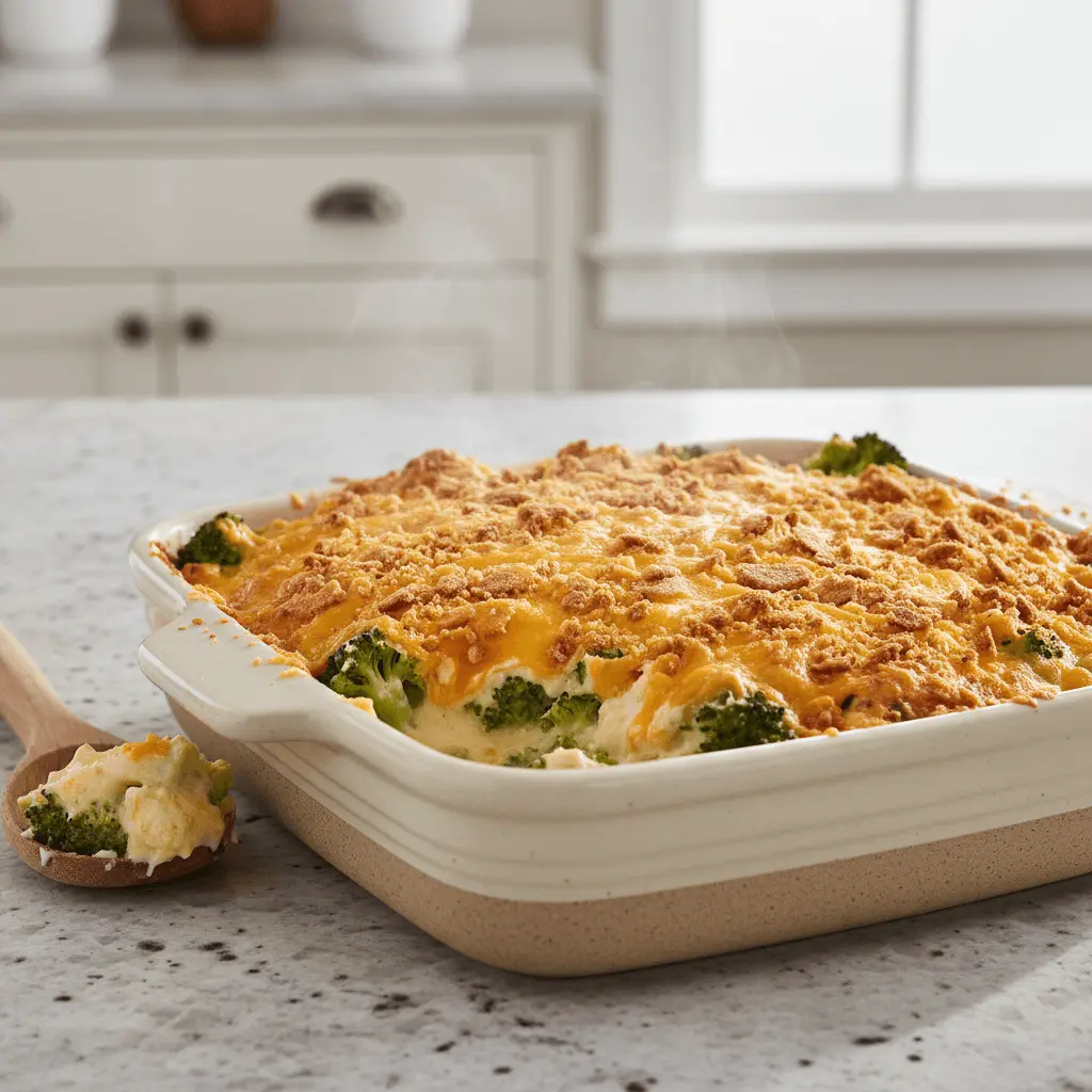 Steaming hot broccoli cheese casserole with a golden crumb topping, fresh from the oven.