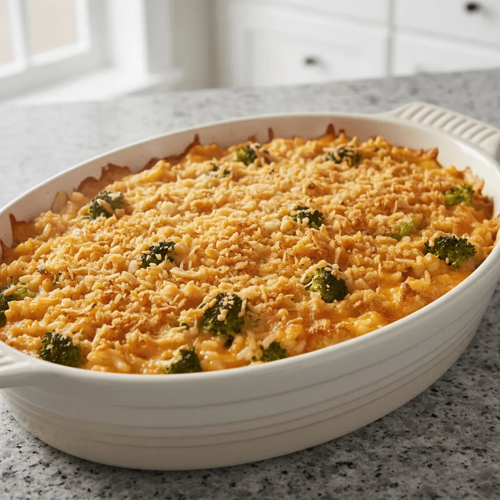A freshly baked broccoli rice and cheese casserole in a ceramic baking dish with a golden-brown crispy topping, ready to serve.