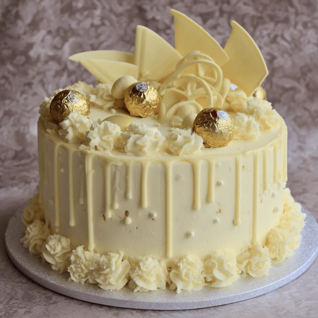 Elegant white chocolate cake adorned with gold-foiled chocolates, white chocolate shards, and a glossy drip design on a silver board.