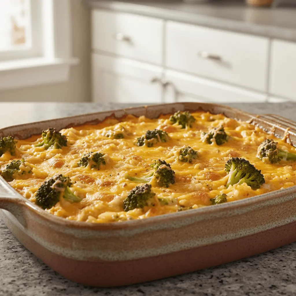 Freshly baked broccoli rice casserole with melted cheese and vibrant green florets on a kitchen countertop.