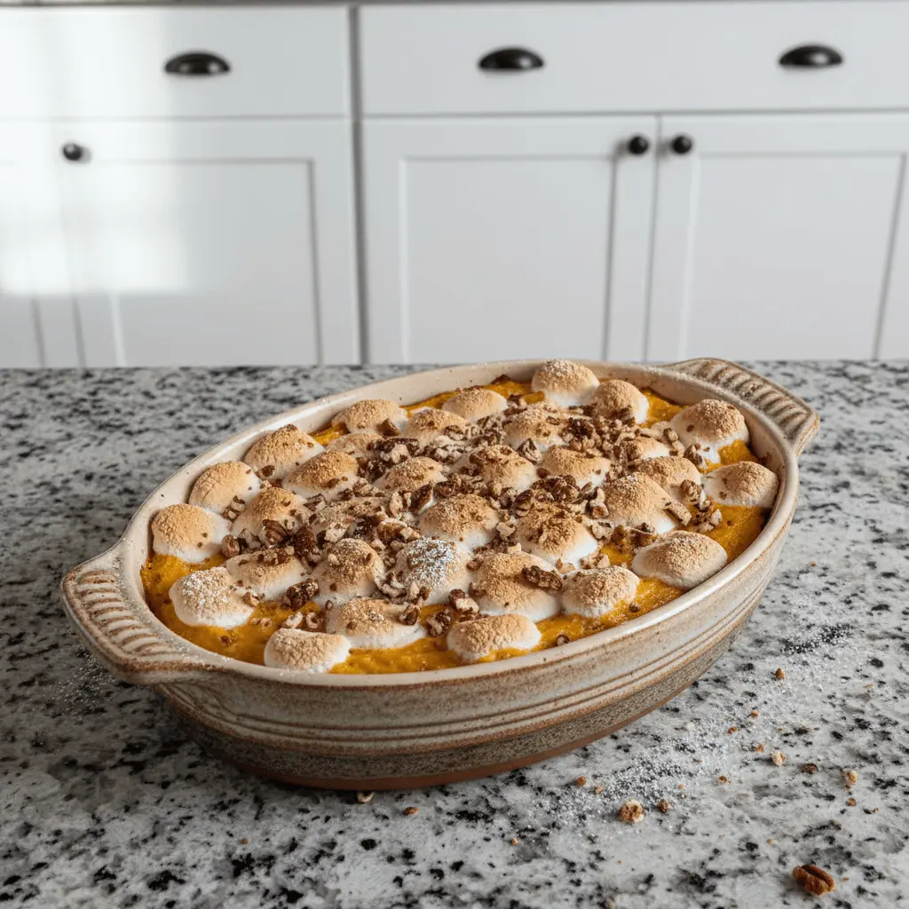 Rustic baked casserole with toasted marshmallows and pecans, a delightful option for a butternut squash casserole recipe.