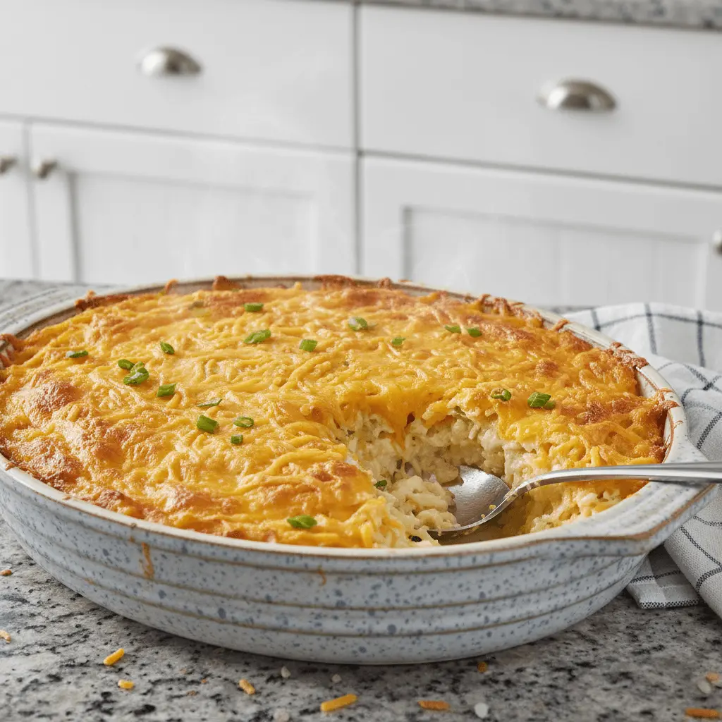 Freshly baked cheesy hashbrown casserole in a speckled ceramic dish, topped with golden melted cheese, green scallions, and visible steam.