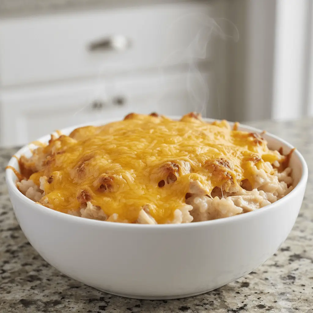 Steaming, cheesy chicken and rice casserole in a white bowl, perfect for comforting chicken and rice casserole recipes.