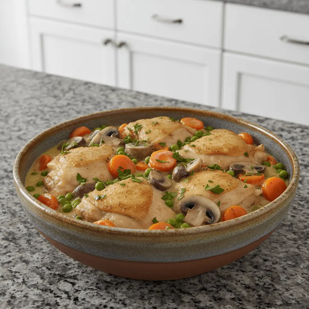 Close-up of a hearty chicken casserole with golden-brown chicken thighs, carrots, mushrooms, and peas in a creamy sauce, garnished with parsley, served in a rustic ceramic bowl.